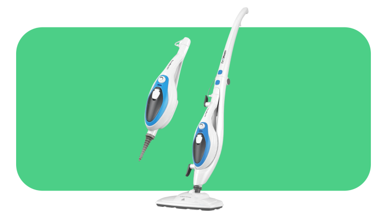 A white and blue steam cleaner.