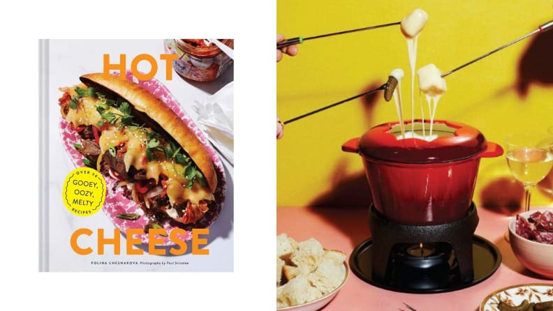 Left: A photo of the cookbook, Hot Cheese. Right: Hands lift fondue sticks laden with cheesy bread out of a small red fondue pot.