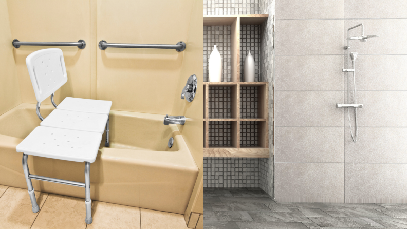 Two images: one of a bathtub with a portable seat and bars, and the other a sleek open shower than can also accommodate accessibility needs