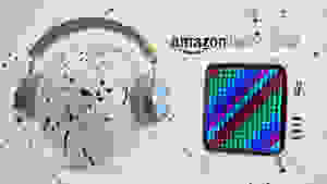 灰色背景，带有平板电脑和耳机的斑点球上写着“Amazon launchpad”