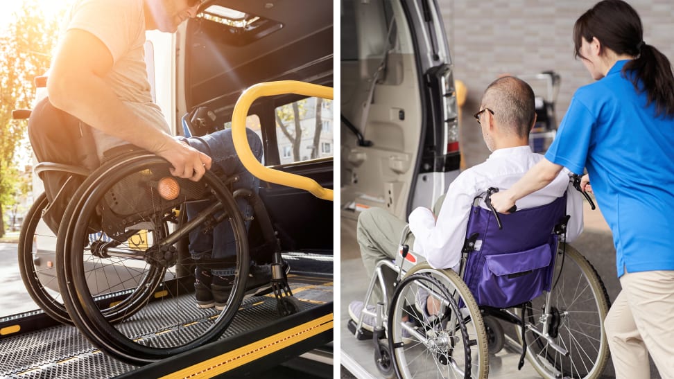 On the left: A man is sitting in a wheelchair on a ramp, going inside a vehicle. On the right: A woman pushing a man in a wheelchair onto a ramp going into a vehicle.