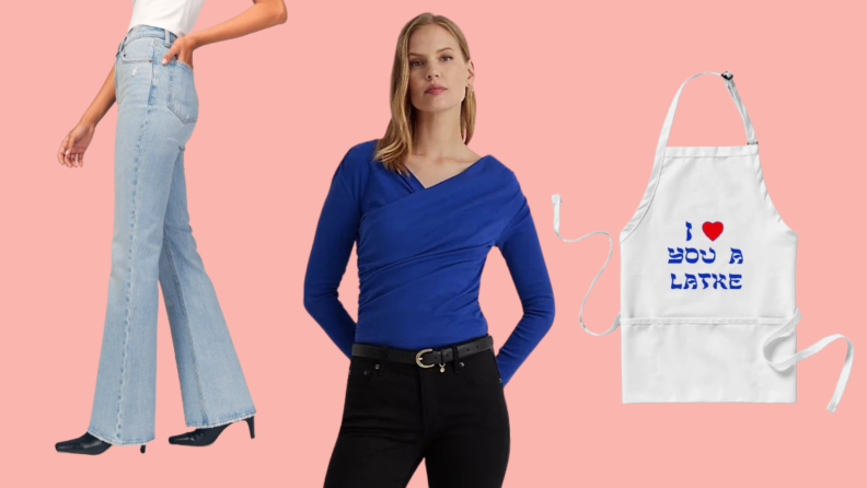 Light-wash flare jeans, a model wearing a blue top, and a white apron that reads "I love you a latke."