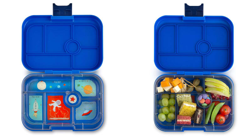 A blue plastic bento-style lunchbox full of lunch foods