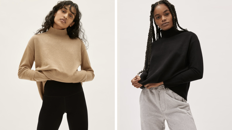 Two models wear cashmere turtleneck sweaters