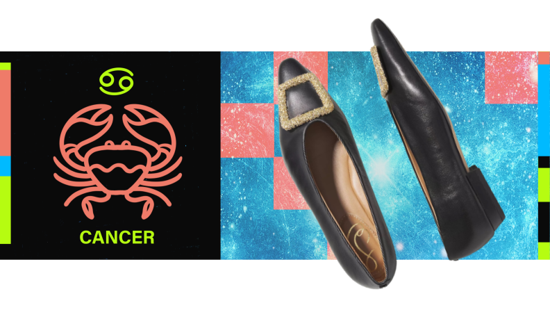 On the left is the symbol for Cancer, and on the right is a pair of black leather flats with a large buckle.