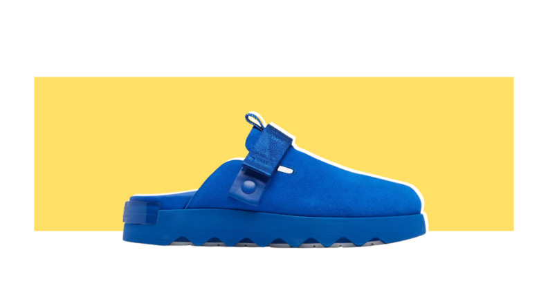 A blue slip-on clog.