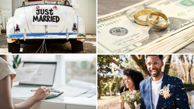 A car with "just married" on back, money with gold bands on top, Person on computer with a calculator, a couple who just got married.