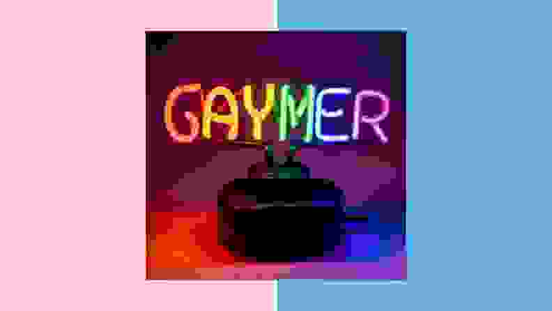A neon sign in Pride colors that says "Gaymer."