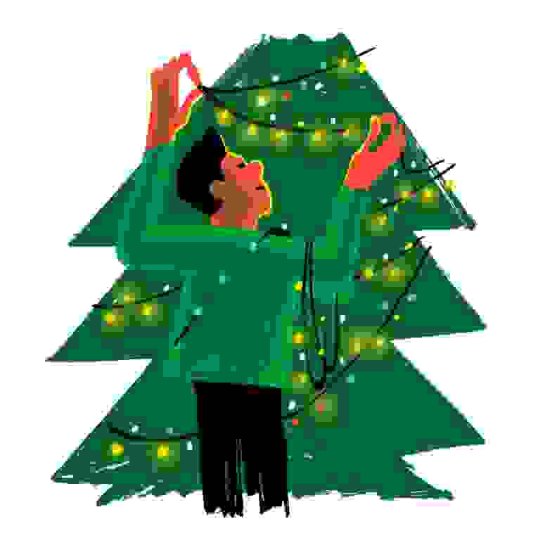 Cartoon graphic of person hanging lit string lights on Christmas tree.