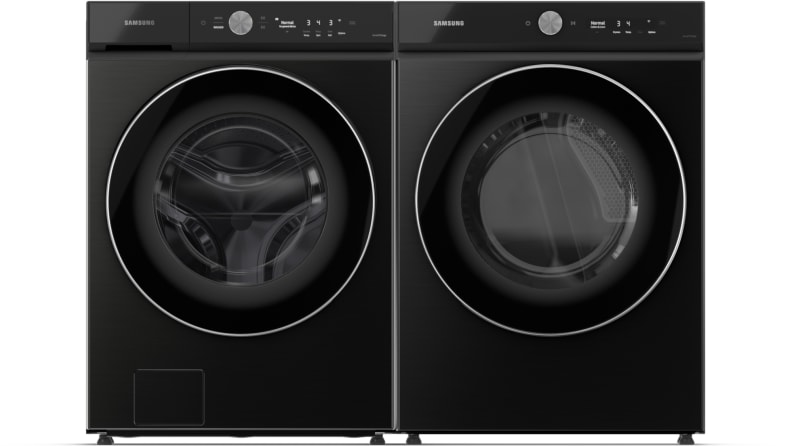 Samsung bespoke washer and dryer, in black finish, side by side in a white void.