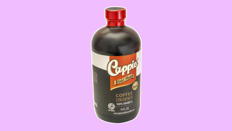 Bottle of Cappio cold brew concentrate on a purple background