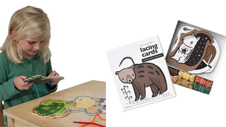 Child sitting down playing with wooden lace board. On right, multi-colored wooden lacing board in packaging.