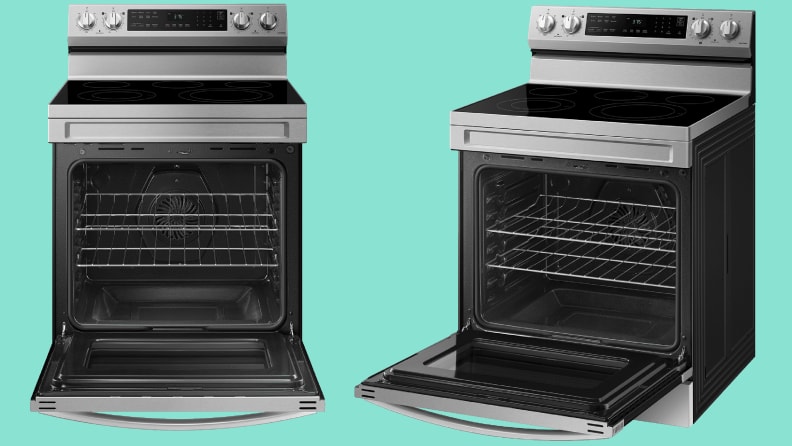 Two images of a stainless steel oven against a green background.