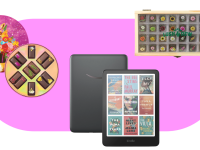 A round box of chocolates, an Amazon Kindle Colorsoft and a rectangular box of flower seeds on a pink billbox background