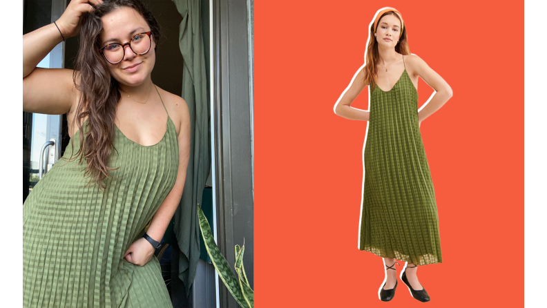 Collage of the author and a model wearing the Checked Midi Dress from Scotch & Soda.