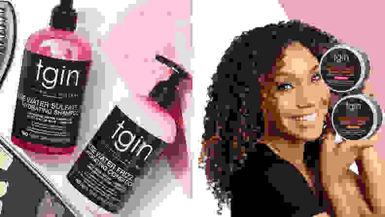 The Thank God It’s Natural (TGIN) Rose Water Sulfate Free Hydrating Shampoo and Rose Water Frizz Free Hydrating Conditioner.