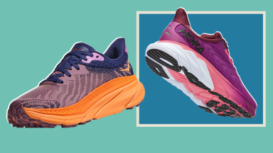 A side-by-side image featuring the Hoka Challenger 7 and Arahi 6 shoes