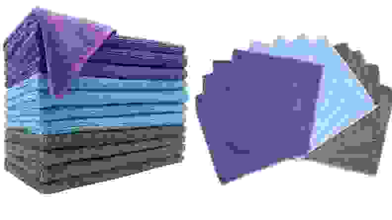 Stack of gray, blue and purple microfiber cloths.