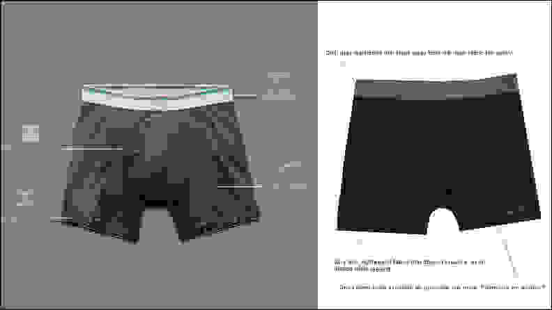 Two pairs of boxer briefs, side by side. The one on the left, by Mack Weldon, have several callouts describing their design innovations. On the right is a basic pair of boxer briefs with no such accolades.