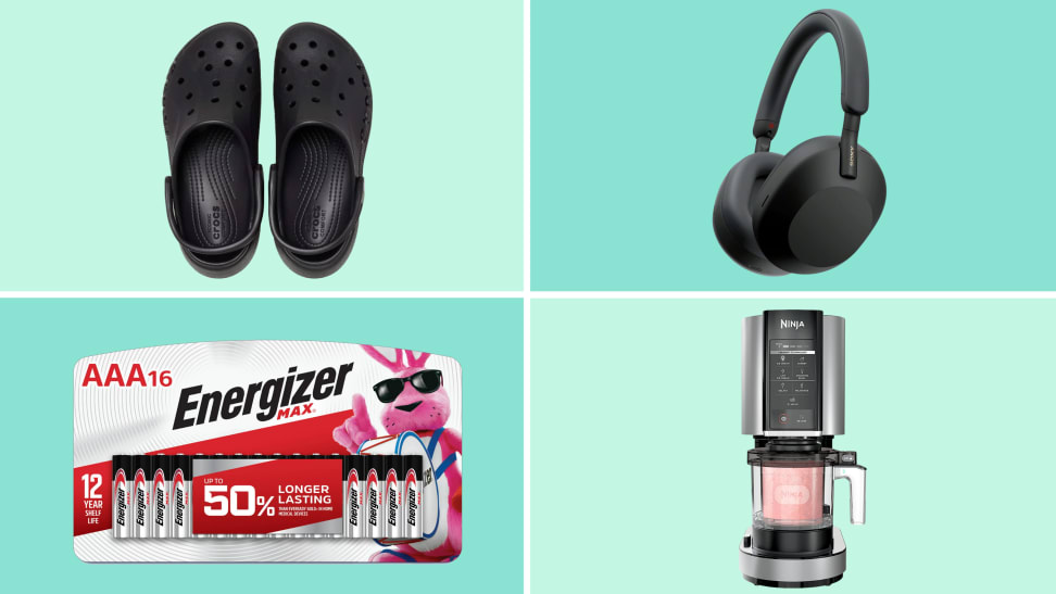 A colorful collage with Crocs, batteries, Sony headphones, and more.
