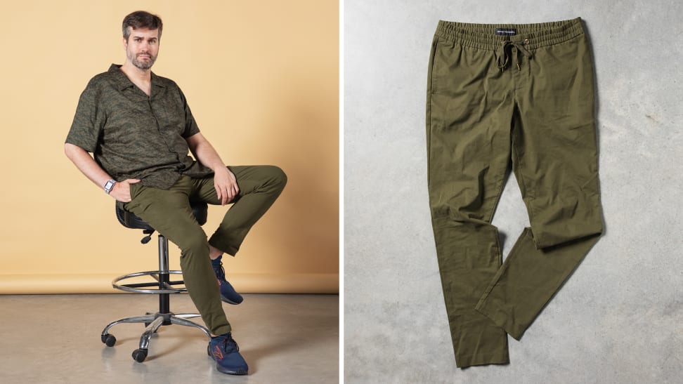 Collage of the author seated wearing a pair of olive green pants and a camouflage print short-sleeve button up shirt, and a product shot of the same pants.