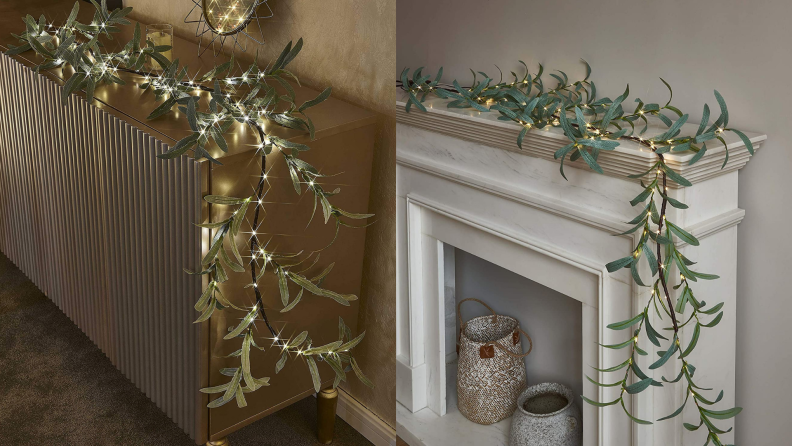 On left, twinkling olive garland hanging off of credenza. On right, twinkling olive garland hanging off of mantle.