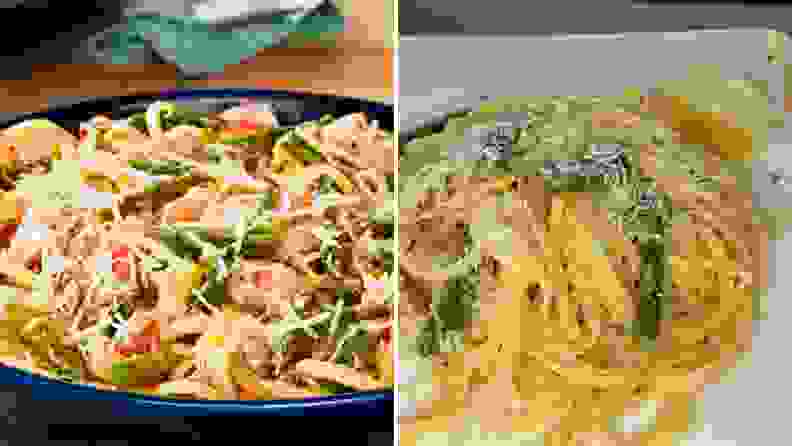 On left, an EveryPlate photo of Lemony Asparagus & Tomato Linguini on blue background. On right, Reviewed image of the recipe.