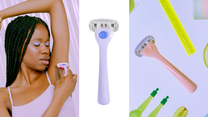 Three images side by side feature a woman shaving her armpit, an upright razor, and a razor flat-laid among other small objects.