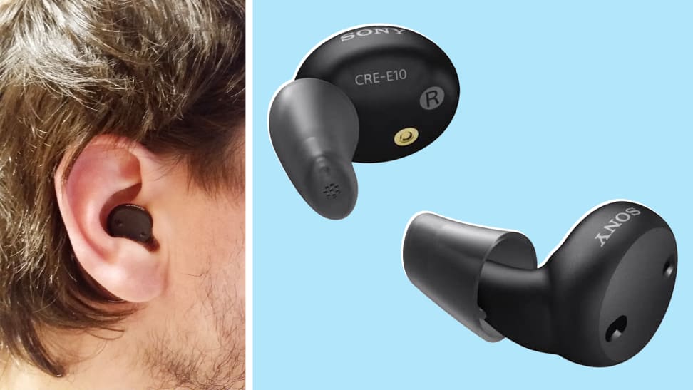 A person wearing the Sony CRE-E10 and an display image of a close-up of the hearing aids.