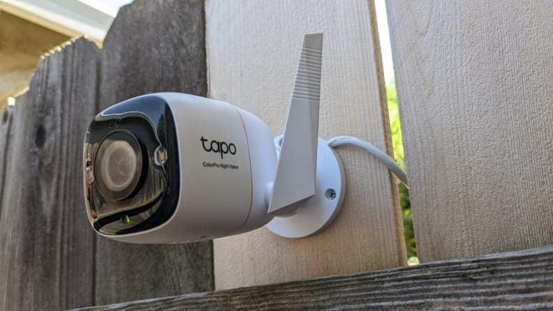 The Tapo camera mounted on a wall.