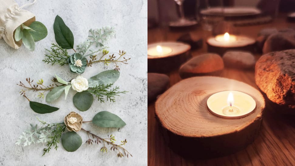 On left, eucalyptus plants and white flowers on granite surface. On right, tea light candles burning in wooden candle holders.