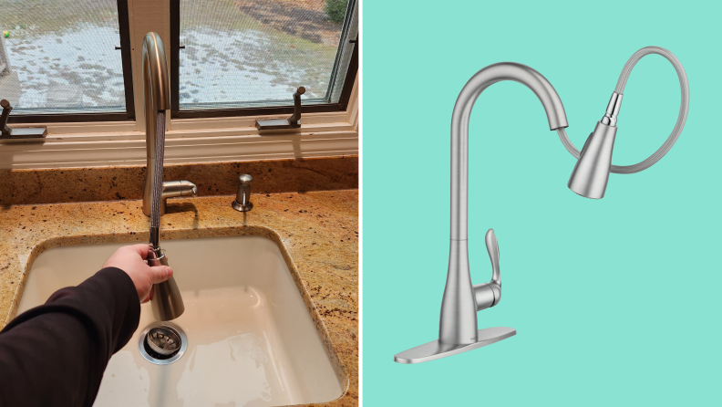 On left, person using their hand to pull the retractable hose above sink and drain. On right, product shot of the Moen Georgene Kitchen Faucet with retractable hose extended in a loop.