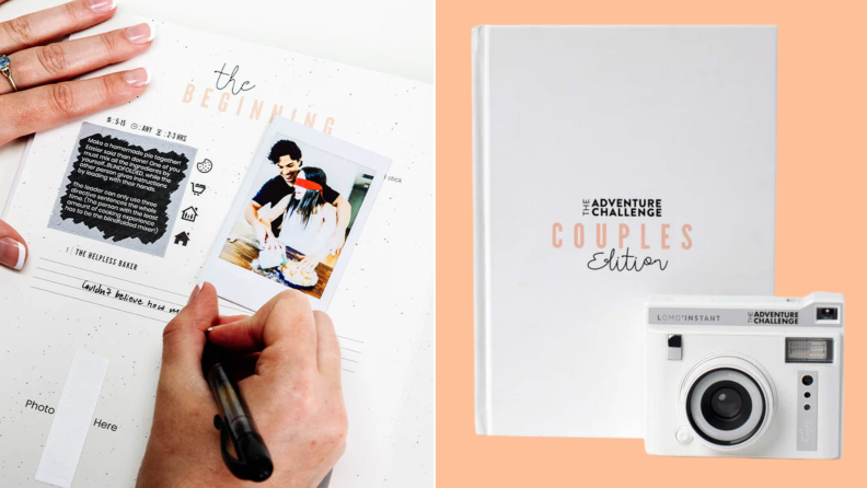 A person writing in an Adventure Challenge book and an image of the book and a camera.