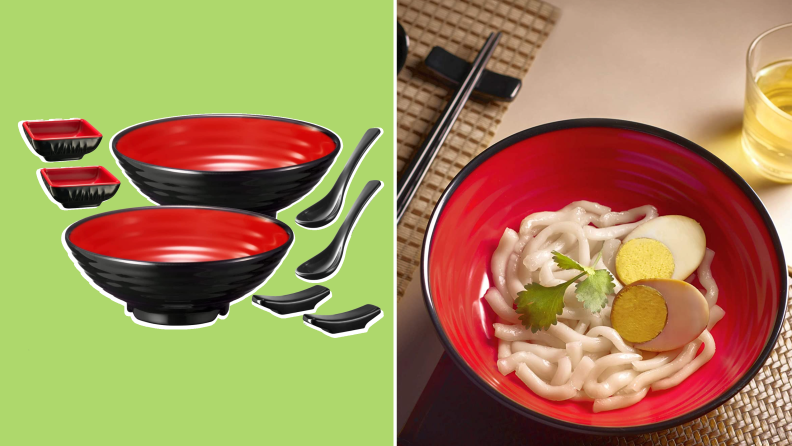 On left, red and black ramen bowls with spoons. On right, red and black ramen bowl with ramen noodles and broth inside.