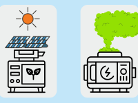 A solar powered generator next to a gas-powered generator on a blue background.