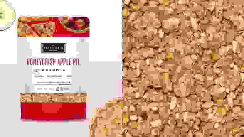 Left: A bag of Apple Pie Granola against a white background accompanied by apple slices and a pie. Right: Close-up photo of granola.