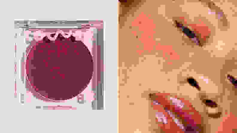 On the left: The clear compact of the Tower 28 BeachPlease Lip + Cheek Cream Blush sits on a light pink background. Through the transparent packaging, you see a magenta shade of blush. On the right: A closeup of a person's face wearing a purple blush on their cheeks.