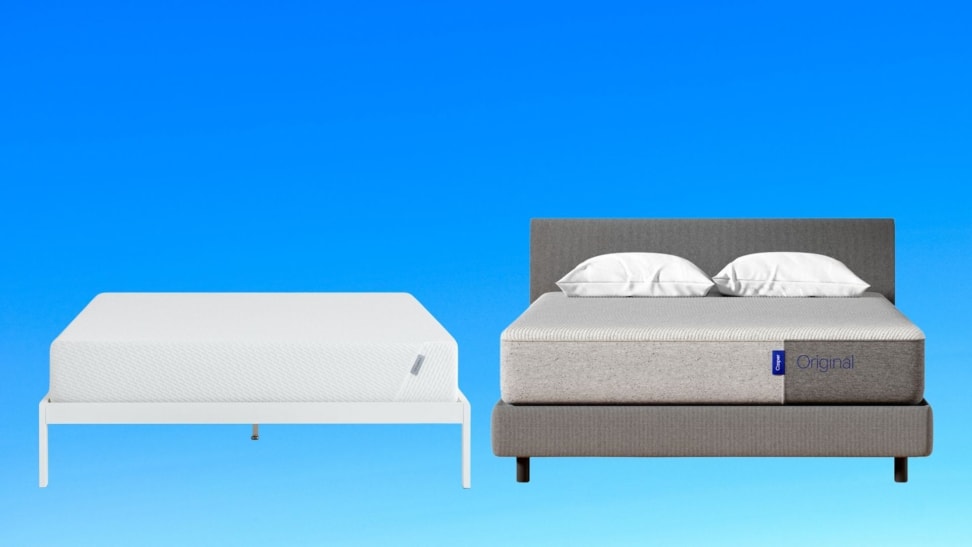 a tuft & Needle original mattress alongside the Casper original on a gradient blue background
