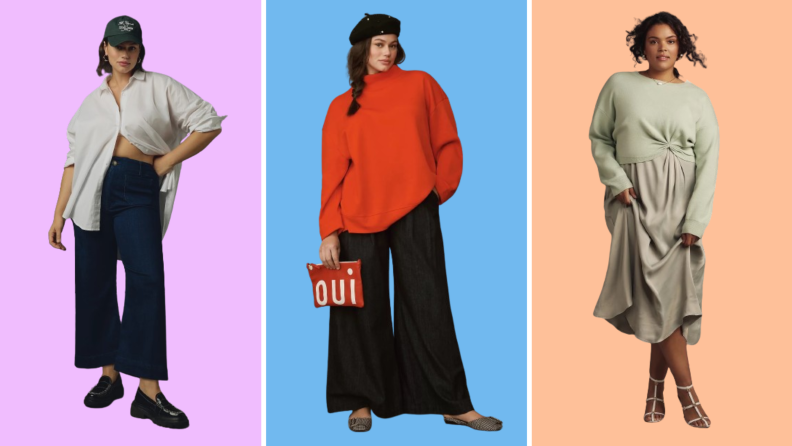 Collage of three plus-size options: Dark jeans, a red oversized sweater, and a matching skirt and sweater set in pale green.