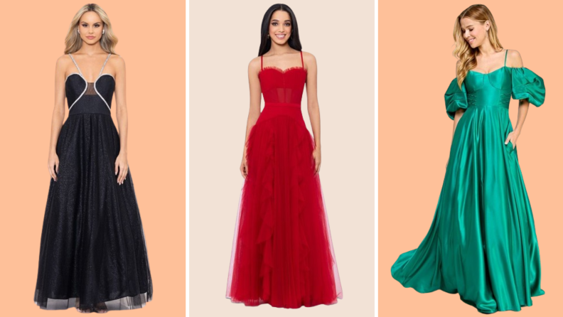 Three dresses: A black dress with glittered seams, a red gown with spaghetti straps, and a green dress with diaphanous off-the-shoulder sleeves.