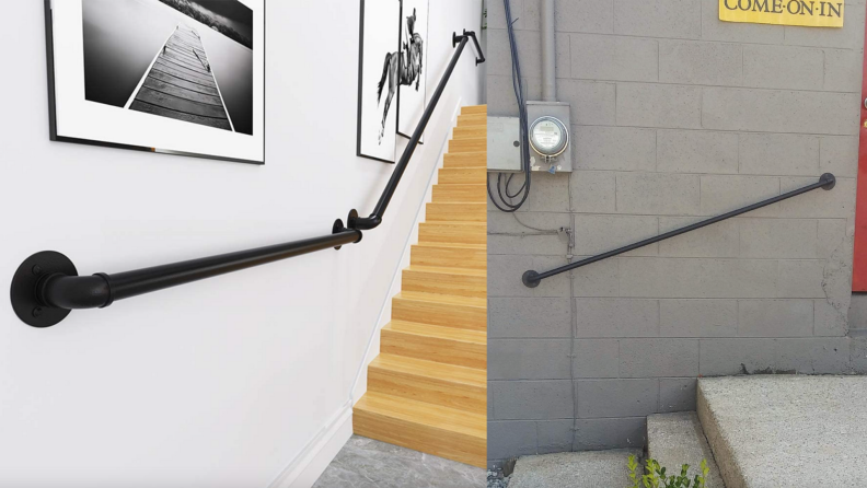 Left, black hand rail on wall next to wooden staircase. Right, staircase with rail outdoors.