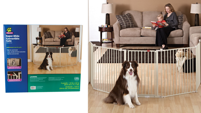 An image of a dog gate and its packaging.