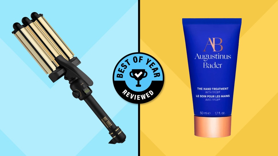 Side-by-side image of a Hot Tools Pro Artist 24K Gold 3 Barrel Waver and a Augustinus Bader Hand Treatment cream bottle with Reviewed's Best of Year logo in the center.