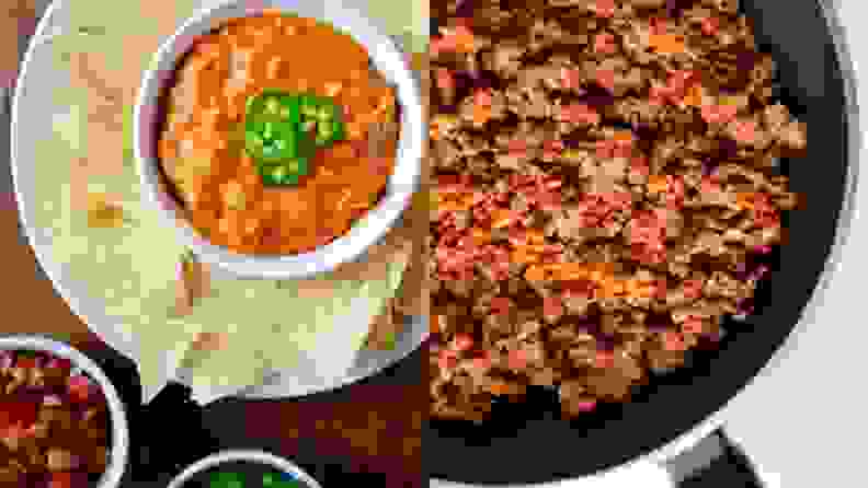 On left, a plate of queso topped with fresh jalapeños surrounded by tortilla chips. On left, a pan of chorizo.