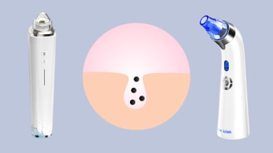 Two pore vacuums on a gray background with an illustration of a facial pore