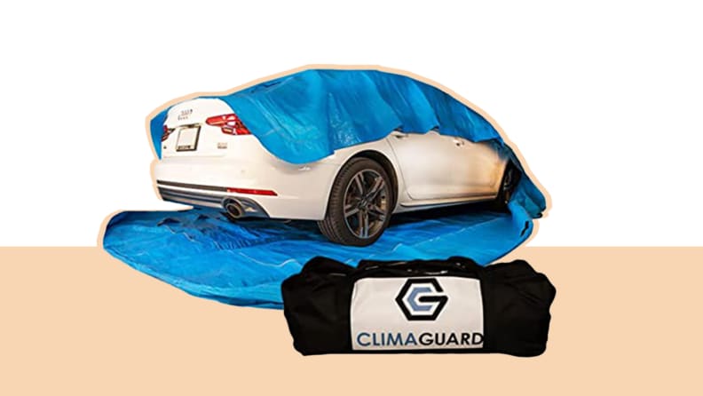 Climarguard car protection cover on top of parked car.