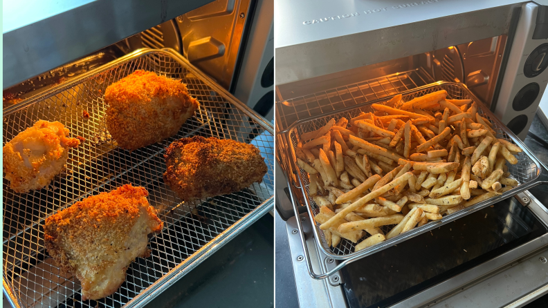 Left: fried chicken, Right: French fries, both made in the Tovala Smart Oven.