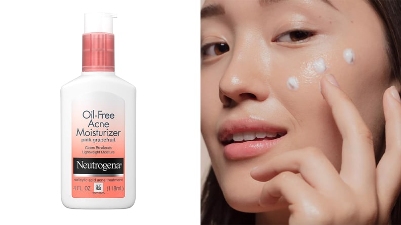 On the left: A bottle of pink and white moisturizer. On the right: A person applying moisturizer to their face.