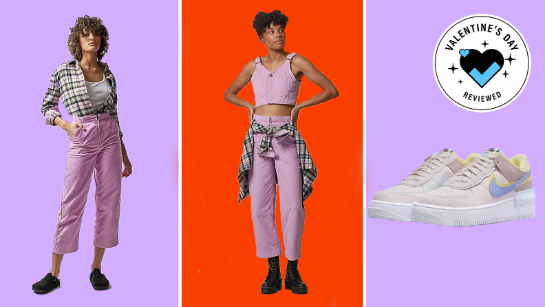 Purple and red background with Nike sneakers and women wearing pink courduroy outfit