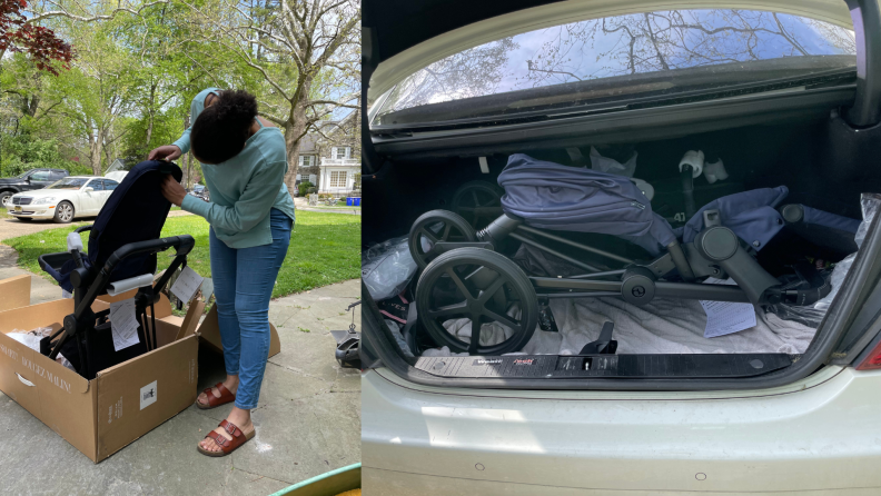 On left, person pulling stroller out of box. On right, baby stroller in trunk of car.